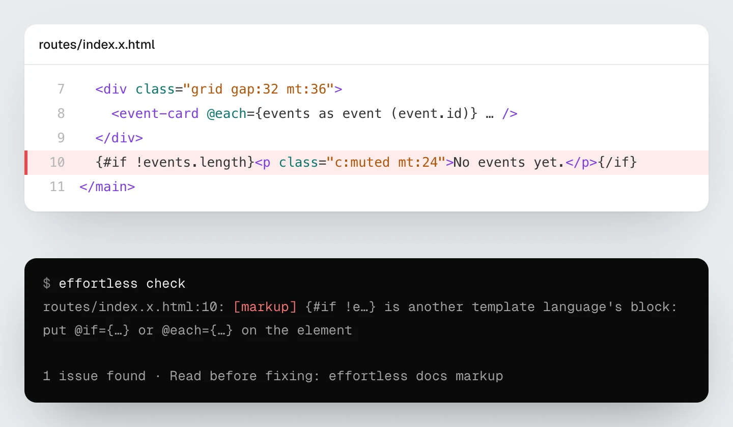 effortless check stops it: line 10 is another template language’s block; put @if on the element.
