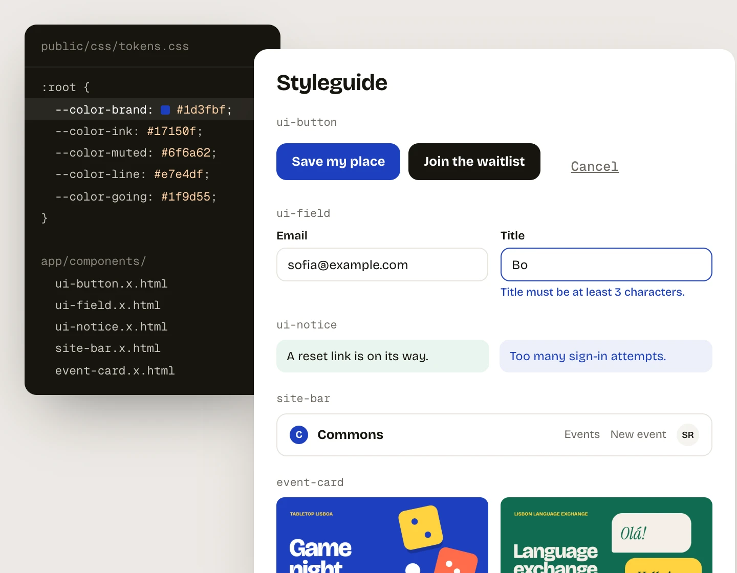 The same styleguide after changing --color-brand to blue: the primary button, the field error and the logo are blue.