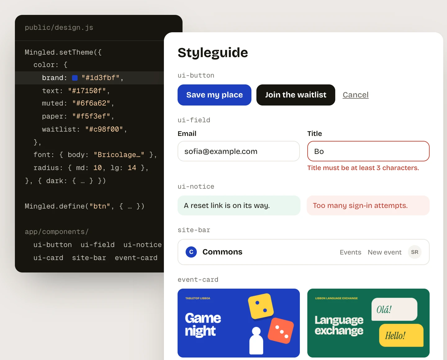 The same styleguide after changing brand to blue: the primary button, the field error and the logo are blue.