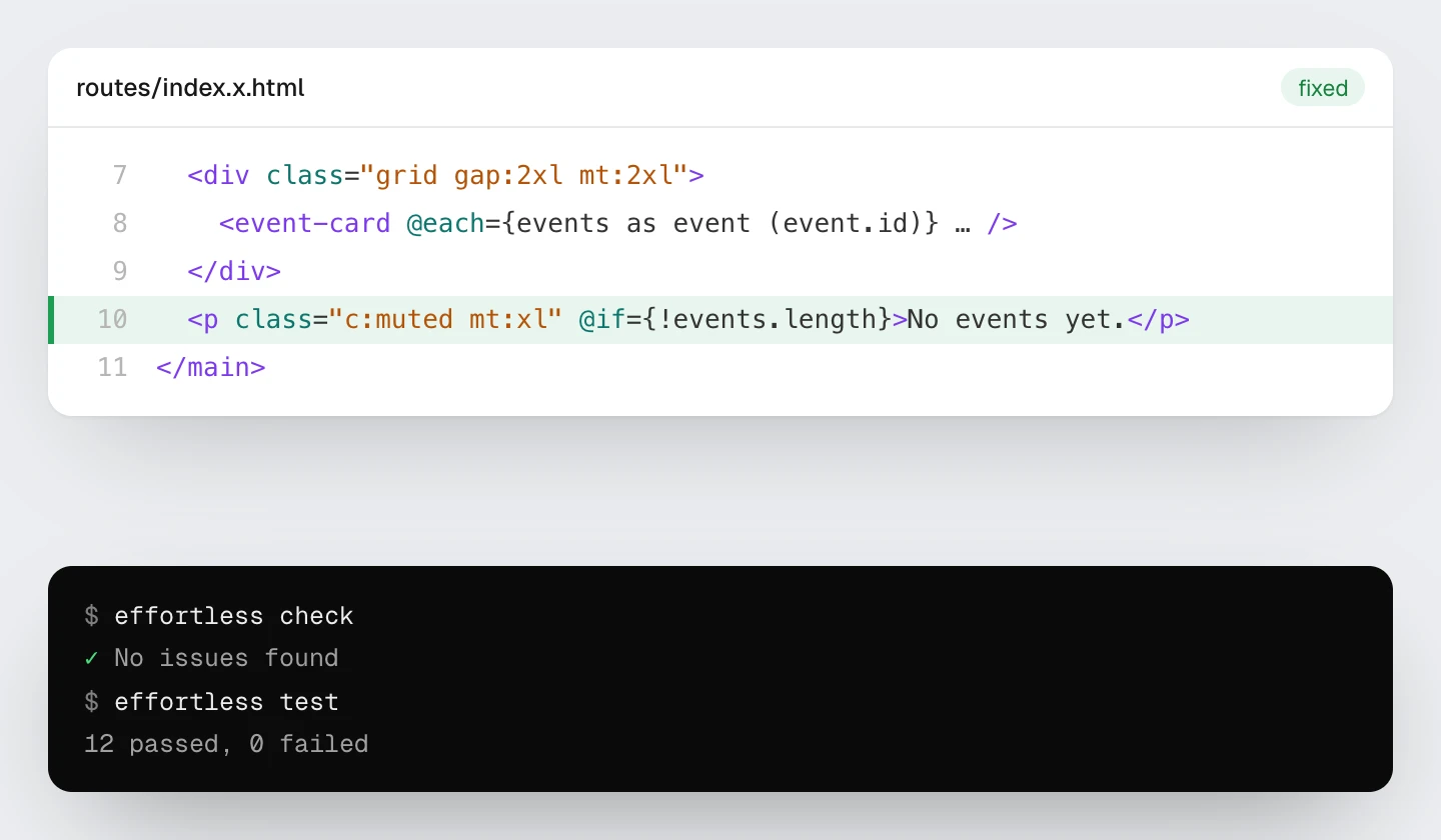 The fixed line, with @if on the paragraph, highlighted in green; check finds no issues and all 12 tests pass.
