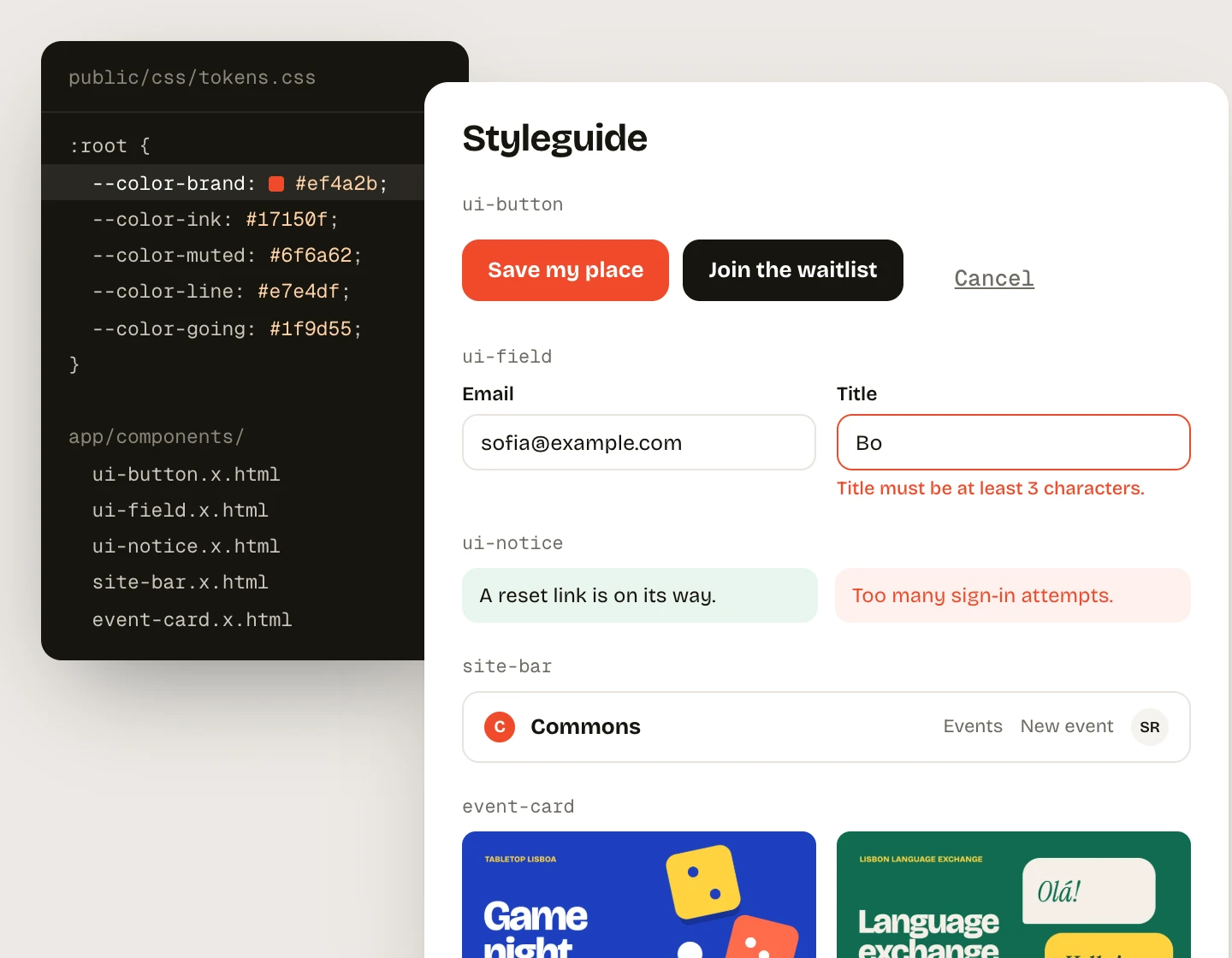 tokens.css and the list of components beside the Commons styleguide: ui-button in four kinds, ui-field with an error, ui-notice, the site-bar and event cards, in tomato red.