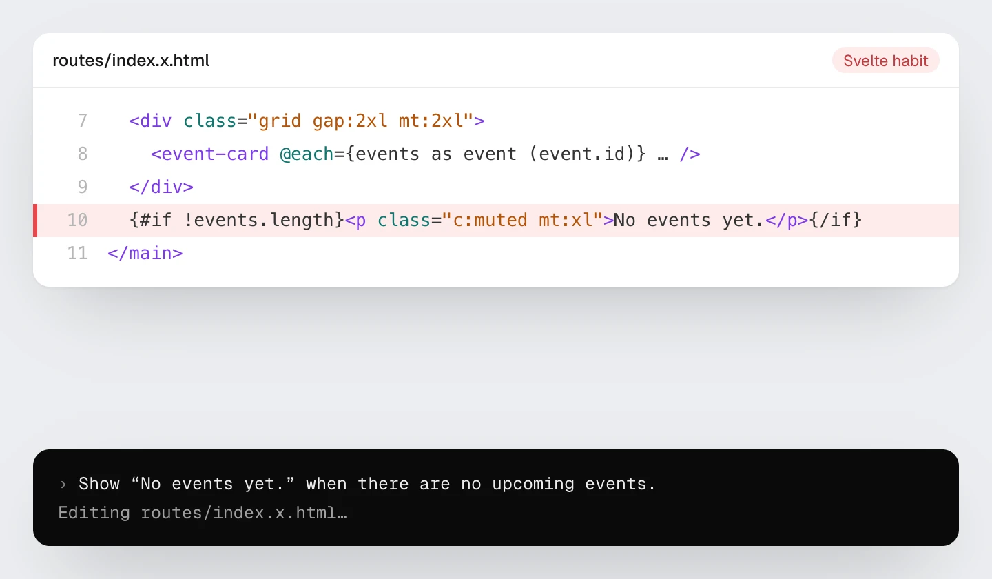 The agent’s first try: line 10 of routes/index.x.html uses a Svelte &lbrace;#if} block, highlighted in red.