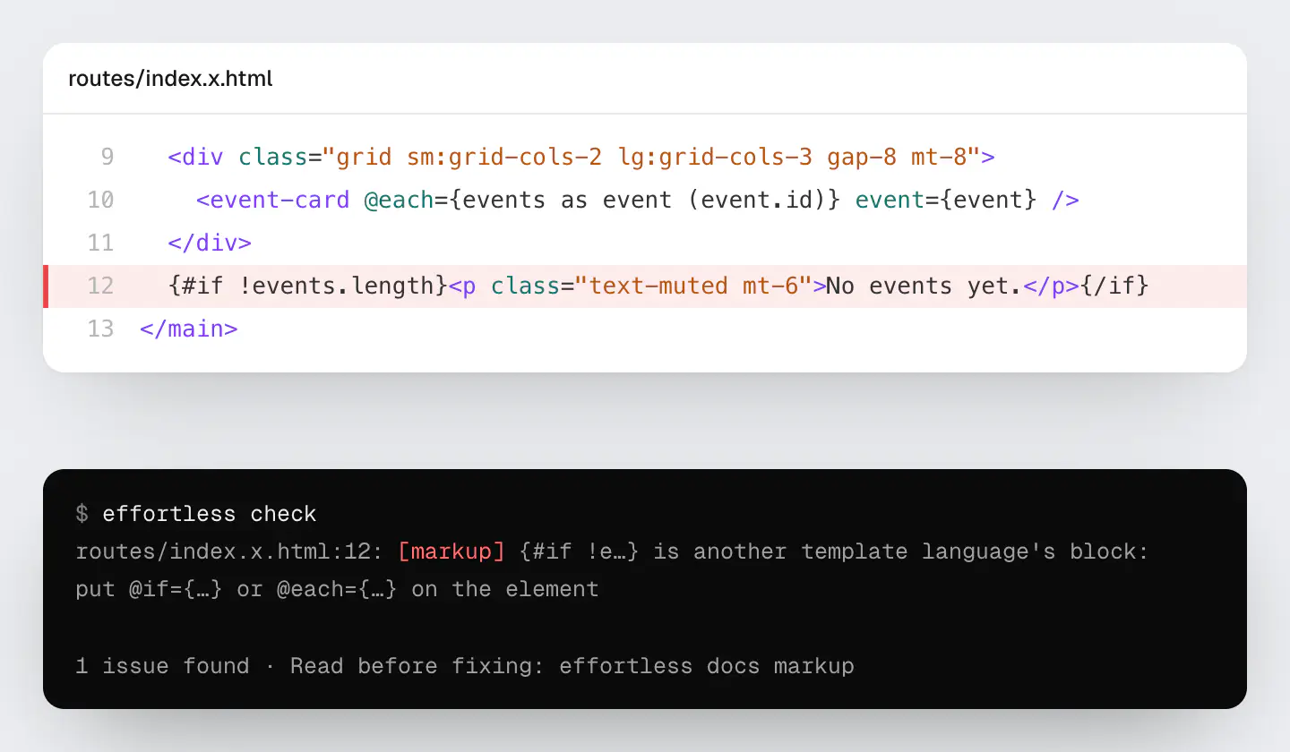 effortless check stops it: line 12 is another template language’s block; put @if on the element.