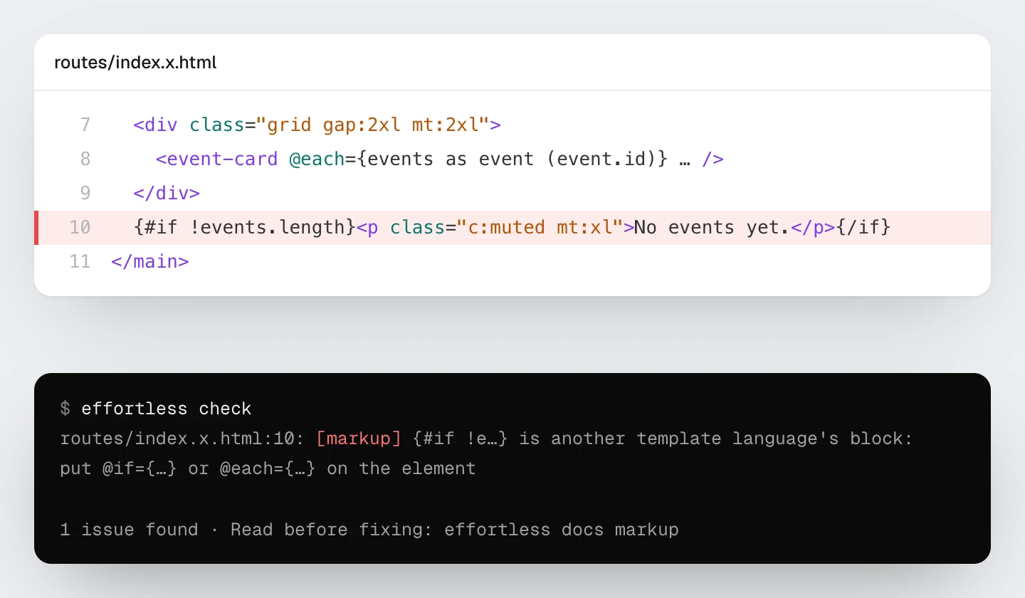 effortless check stops it: line 10 is another template language’s block; put @if on the element.