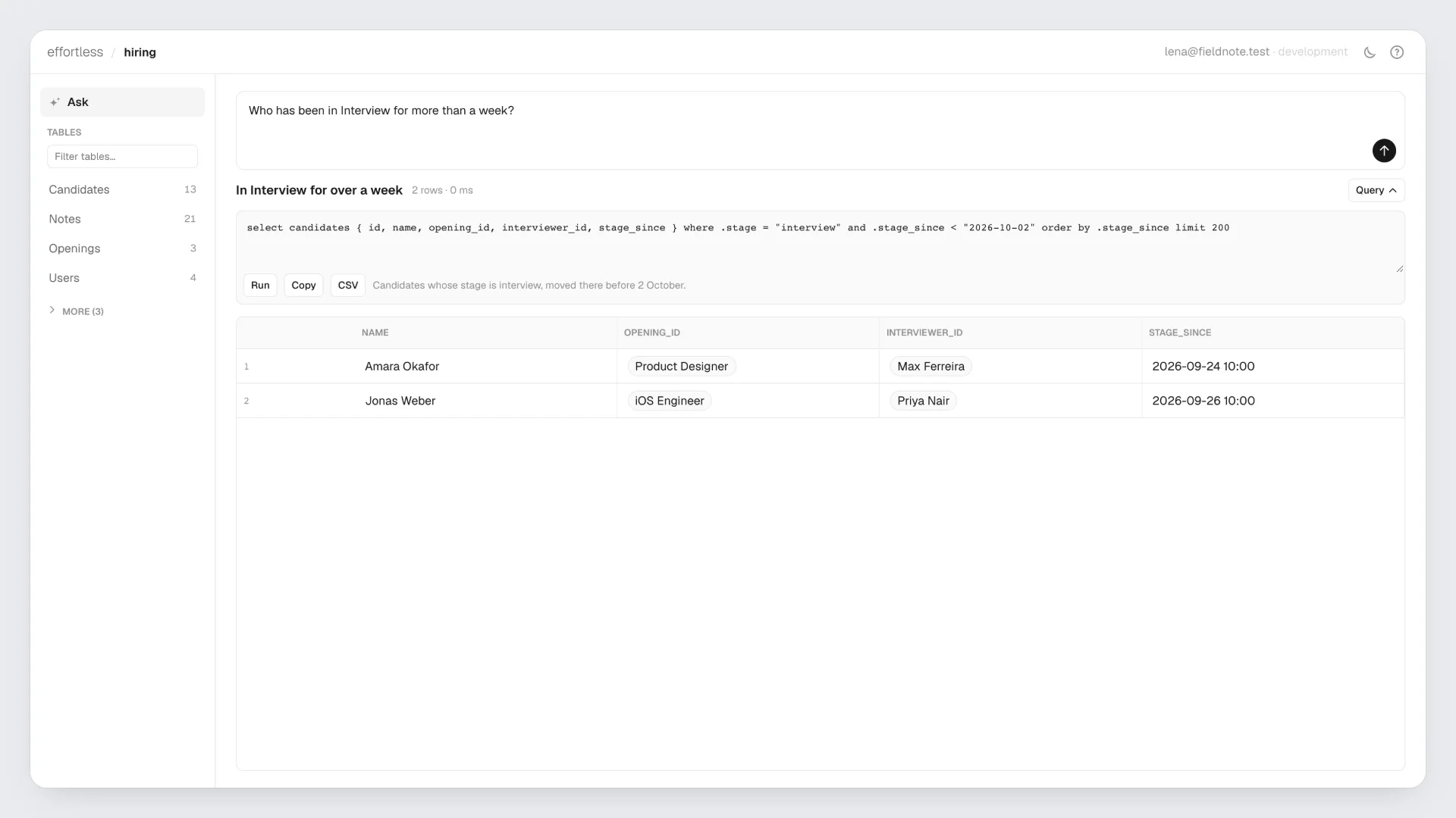 Ask on the hiring data: the question, the read-only query beside it with Run, Copy and CSV, and two candidates, Amara Okafor and Jonas Weber.