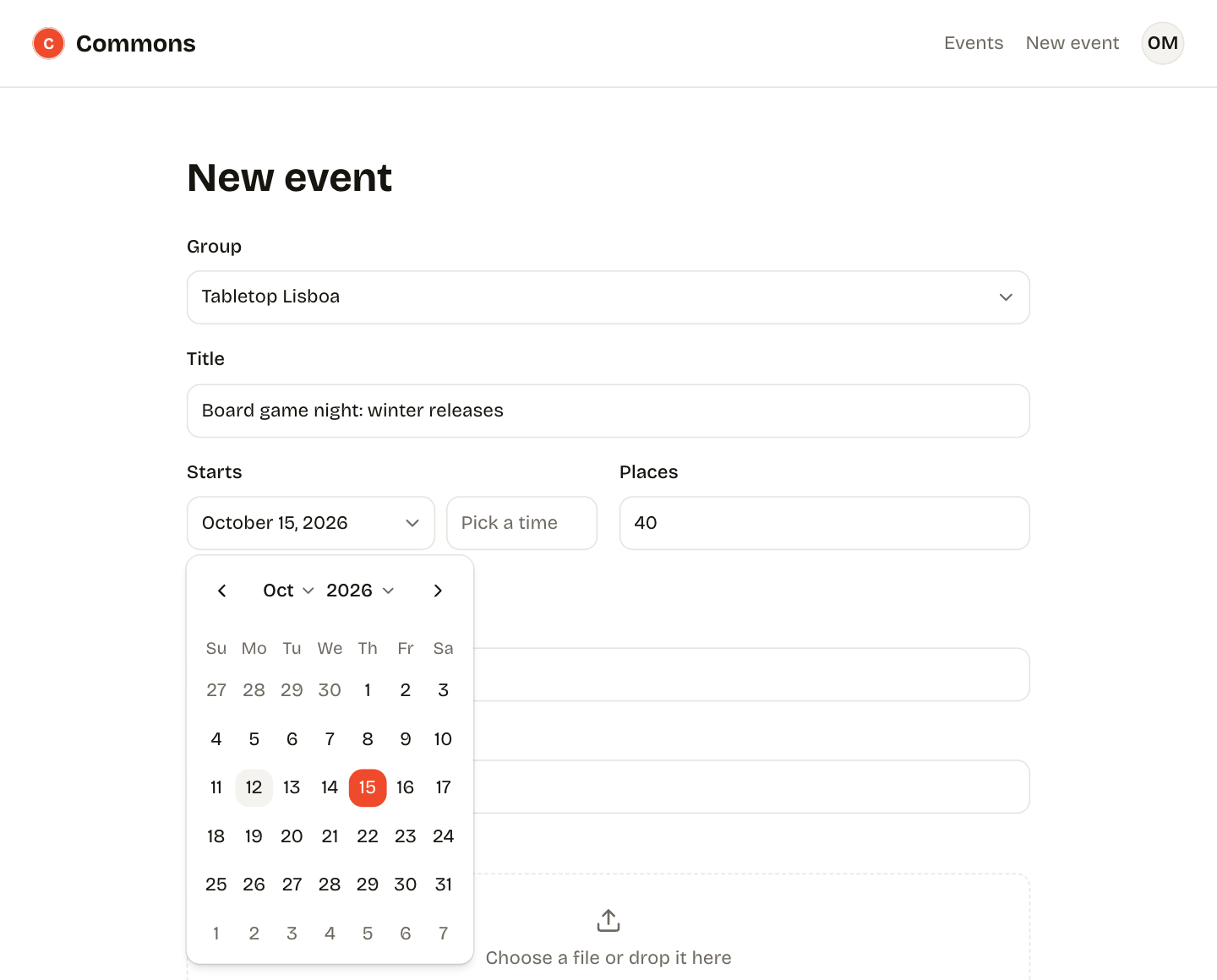 The New event form of Commons: a group select, a title and a calendar open with 15 October picked, in tomato red and Bricolage Grotesque.