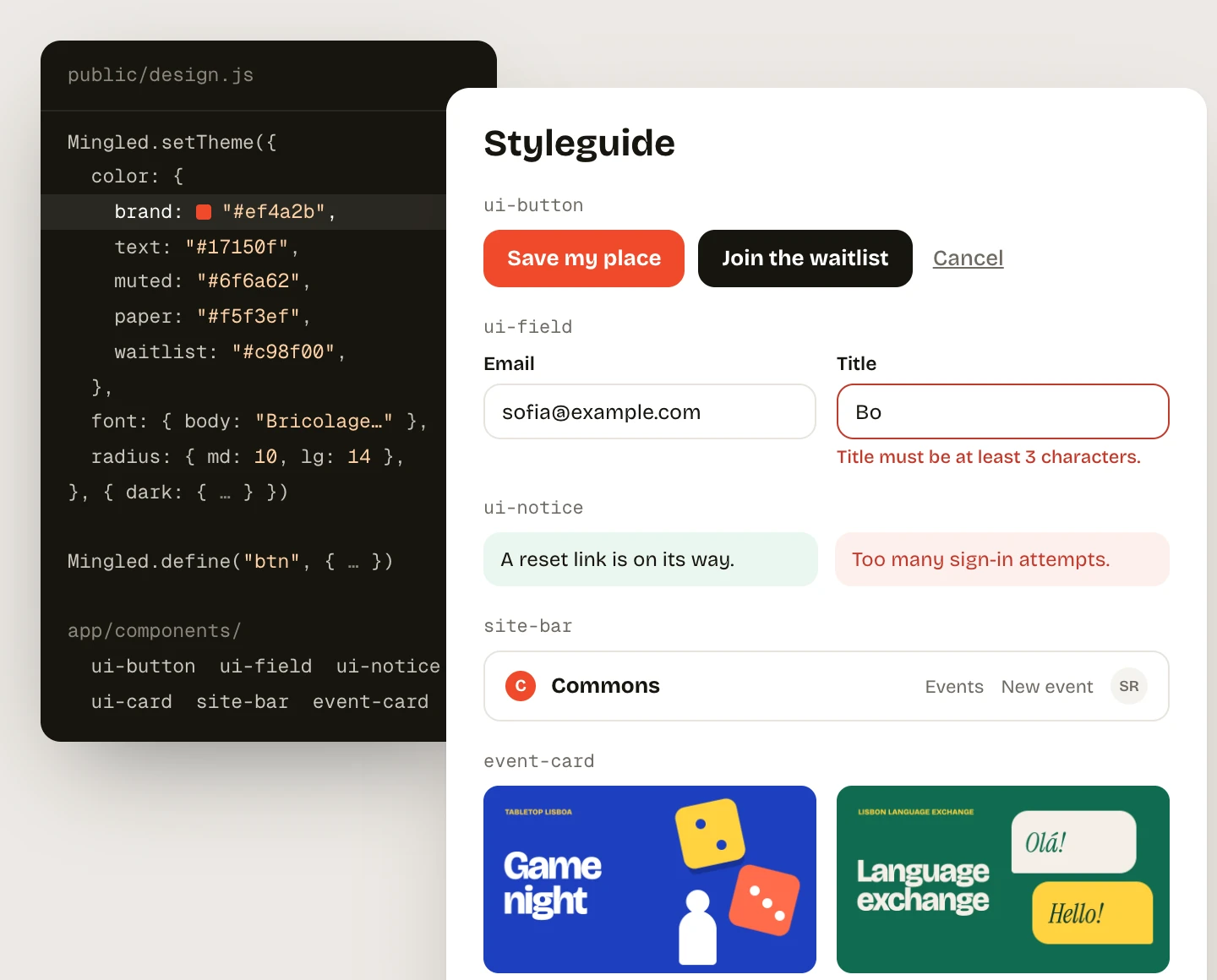 The Commons styleguide: tomato red, Bricolage Grotesque, buttons, fields and the event card.