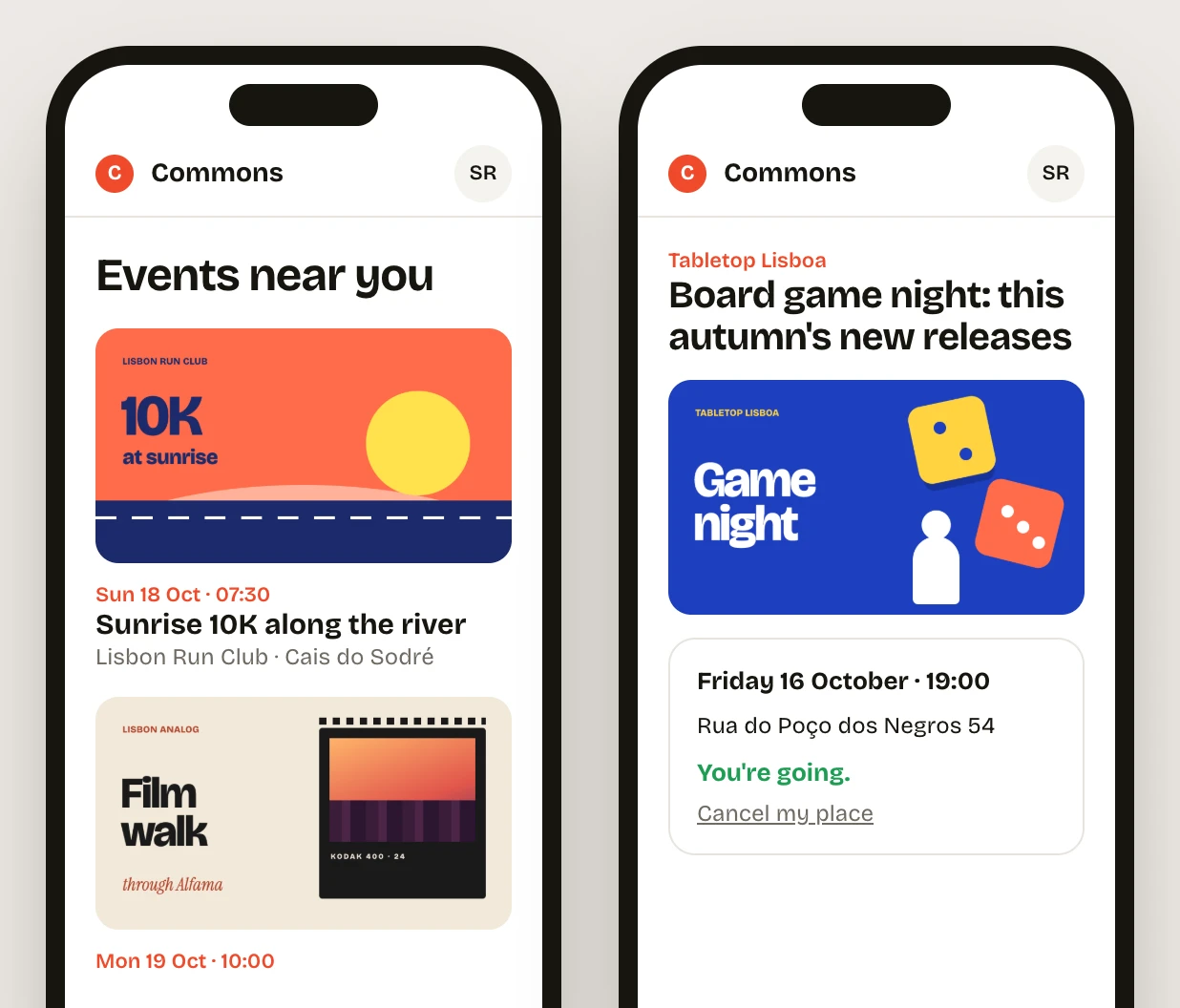Commons on two phones: the list of events with poster covers, and an event page saying You're going, with Cancel my place.