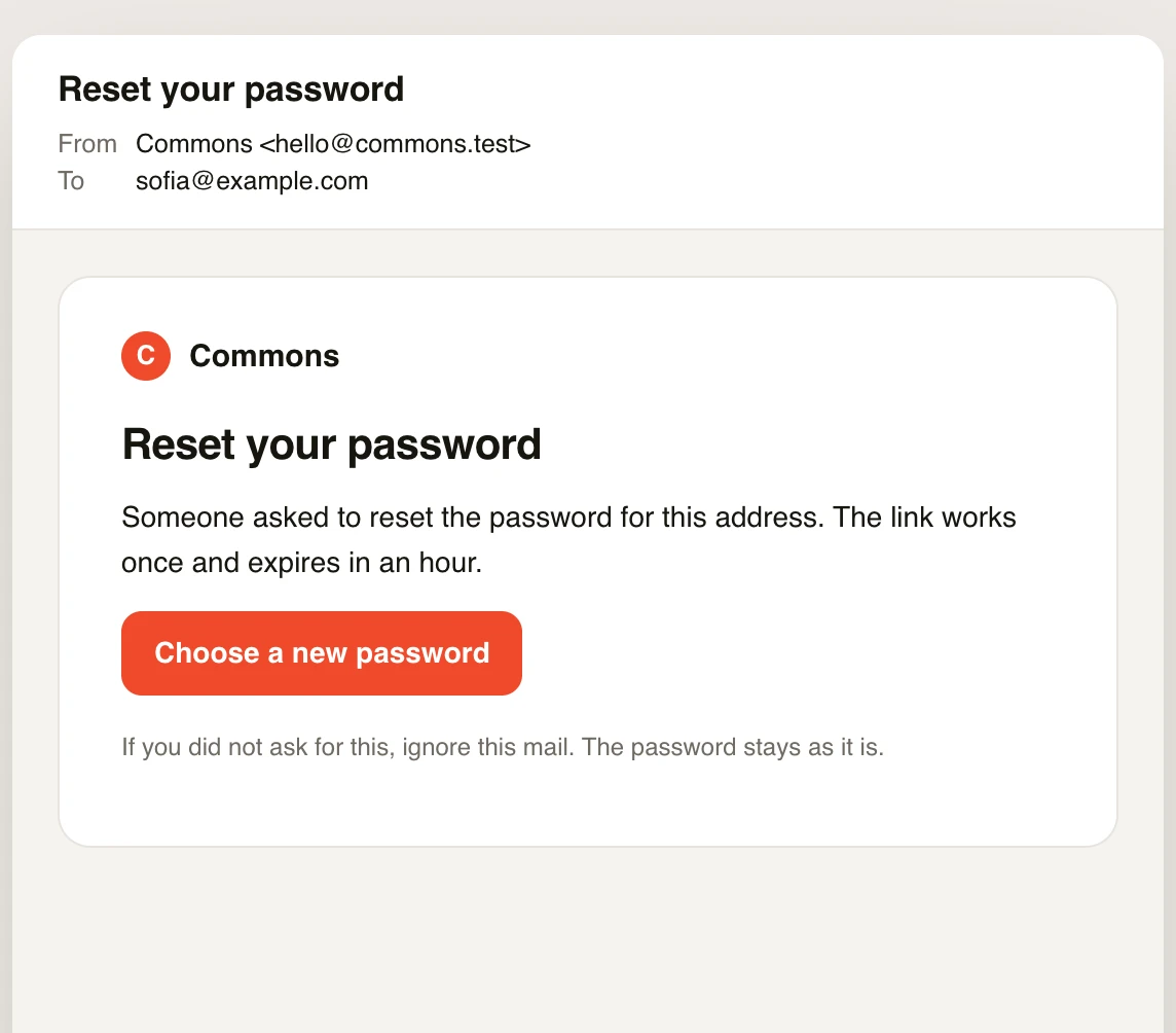 The reset email from Commons: the link works once and expires in an hour.