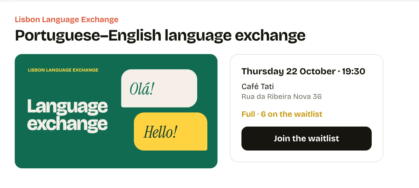 The language exchange event is full, with 6 on the waitlist and a Join the waitlist button.