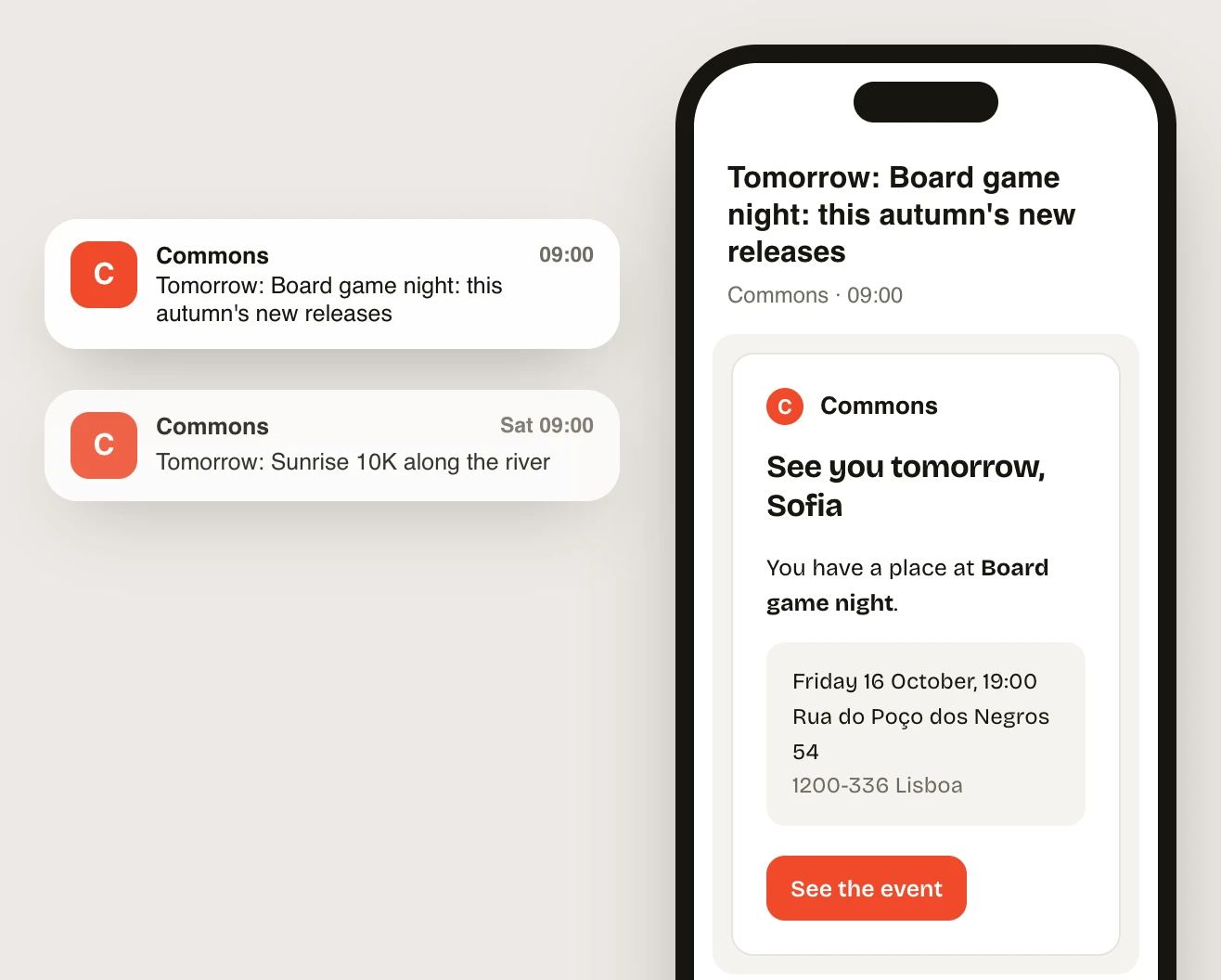 A phone with two Commons notifications and the reminder email: See you tomorrow, Sofia, with the date, the address and a See the event button.