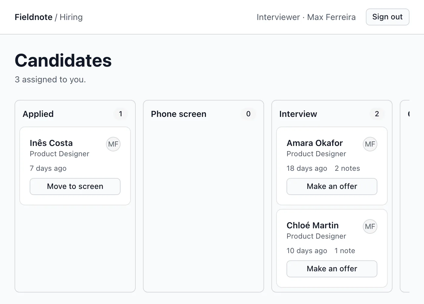 The same board as the interviewer Max Ferreira: only his three candidates, with no salaries.