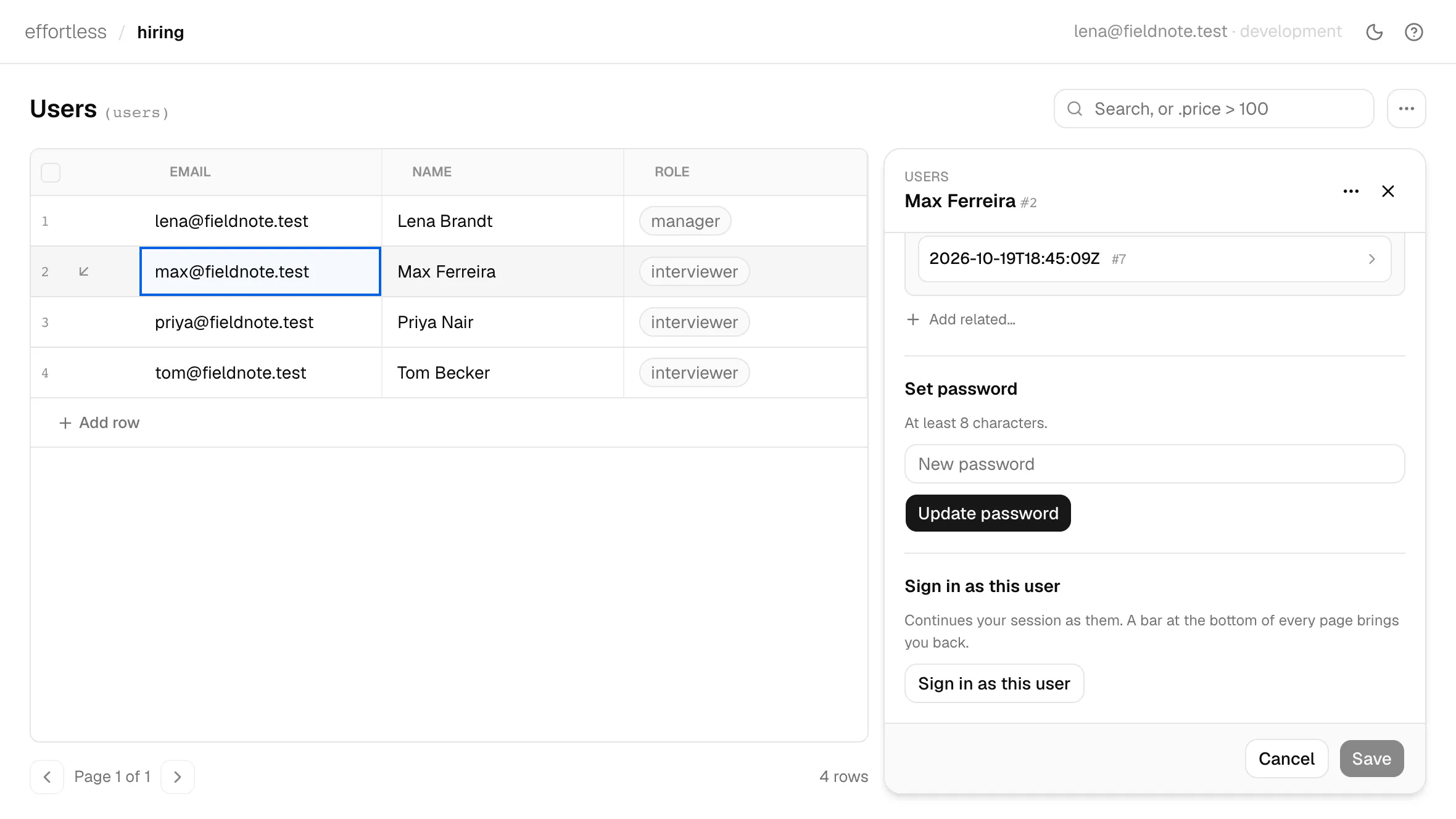 Max Ferreira's user record: set a new password, or sign in as this user.