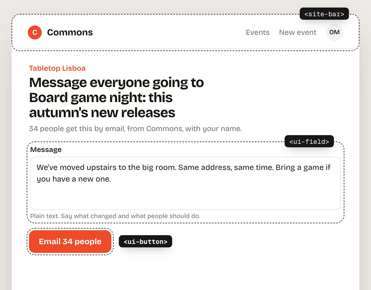 The new message page, with its parts labelled: site-bar at the top, ui-field for the message and ui-button for Email 34 people.