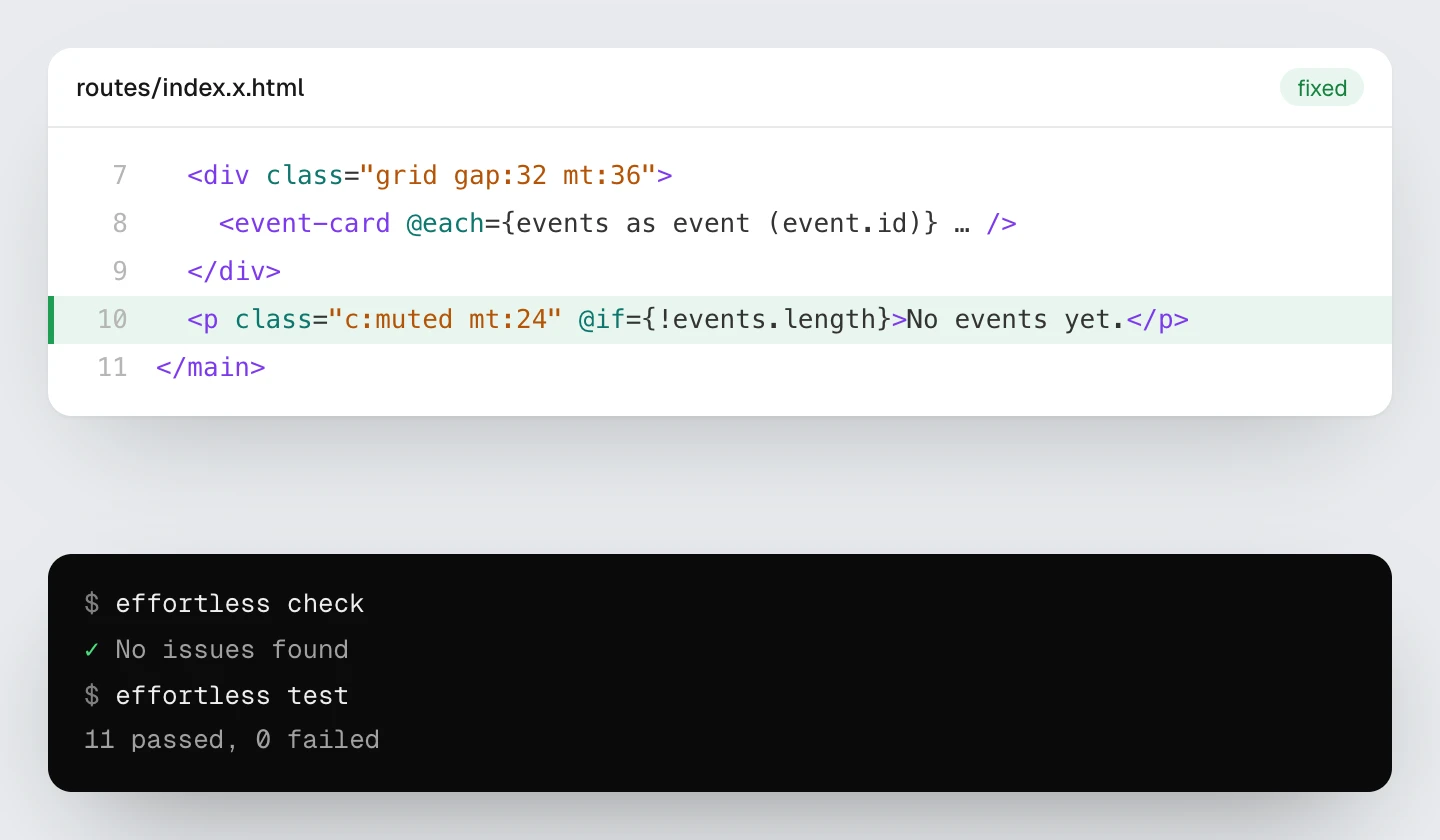 The fixed line, with @if on the paragraph, highlighted in green; check finds no issues and all 11 tests pass.