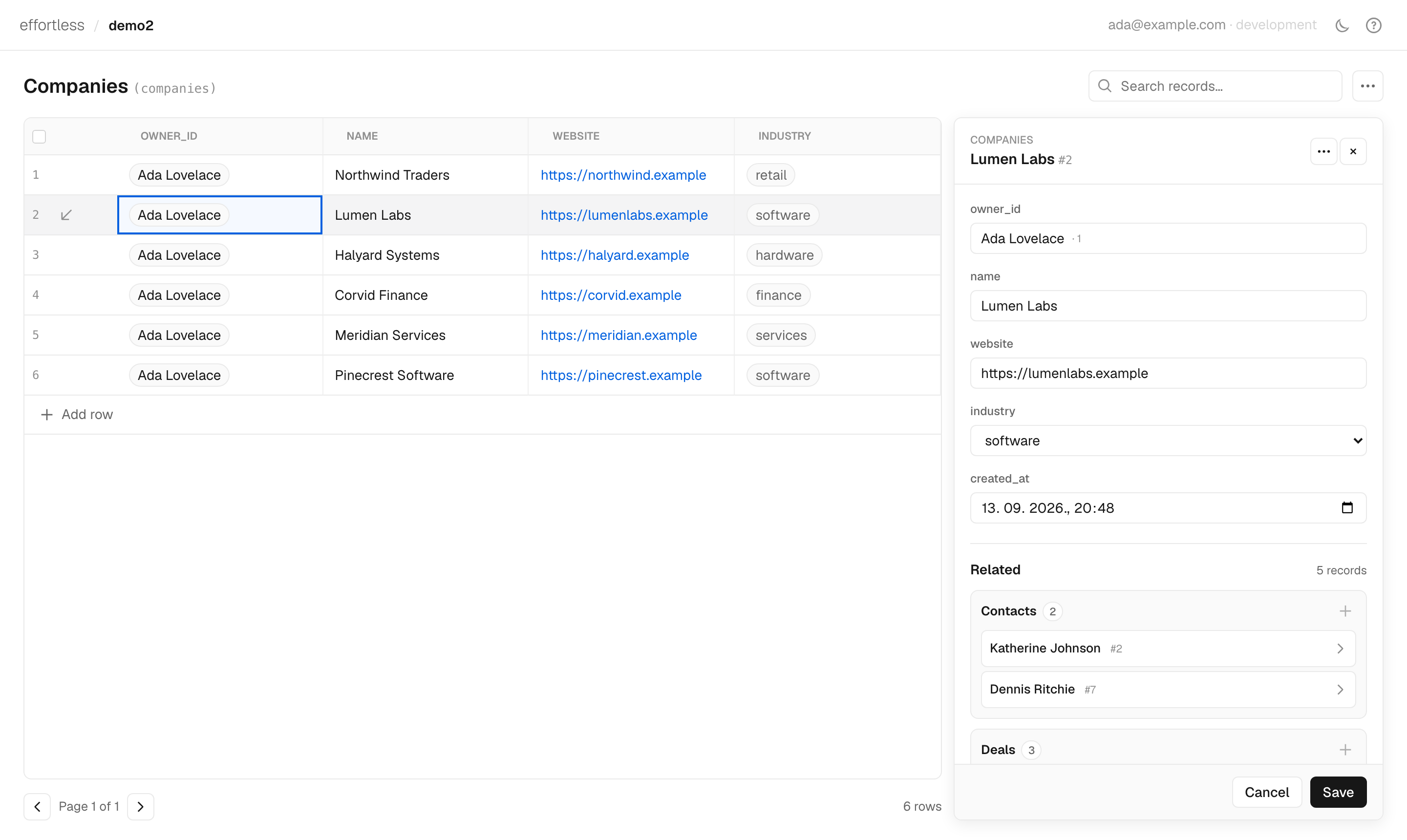 The record drawer open on a company: a form for each column, then a Related section listing the company's contacts and deals with buttons to add more.