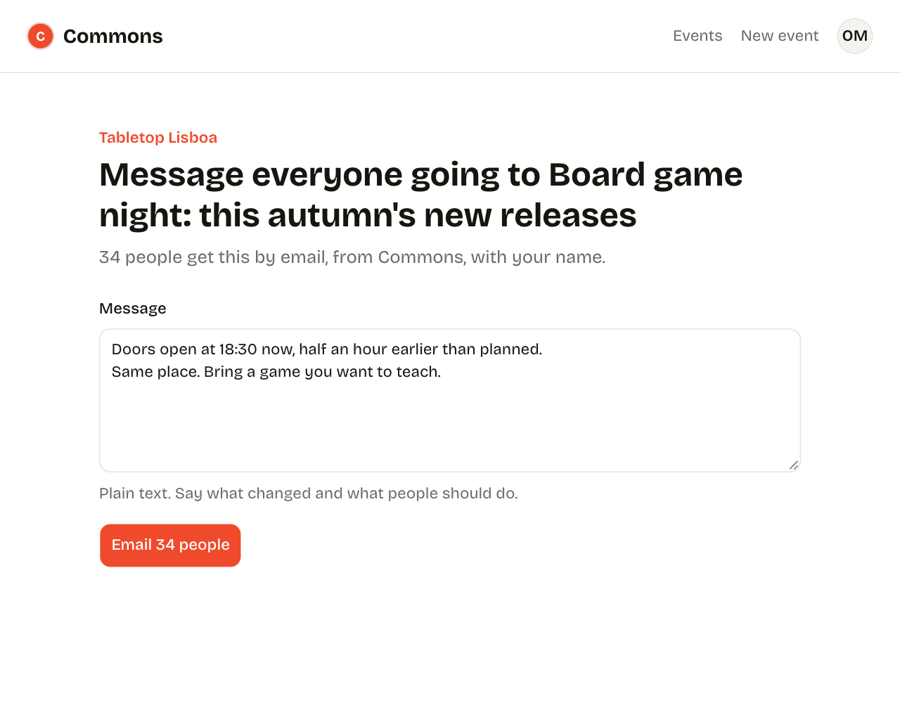 The message page of Commons: Message everyone going to Board game night, a text area with two lines typed, and a tomato red button, Email 34 people.