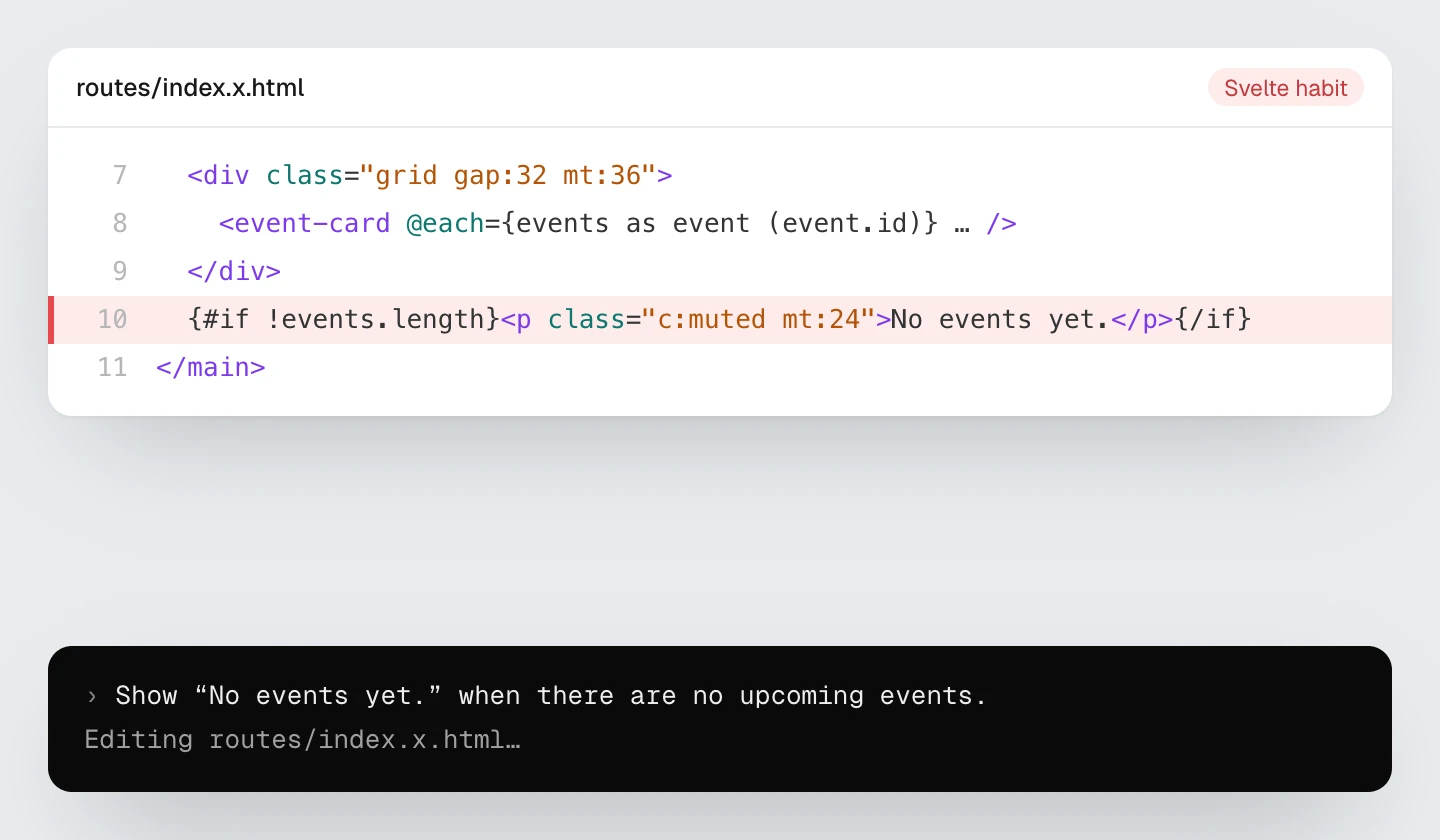 The agent’s first try: line 10 of routes/index.x.html uses a Svelte &lbrace;#if} block, highlighted in red.