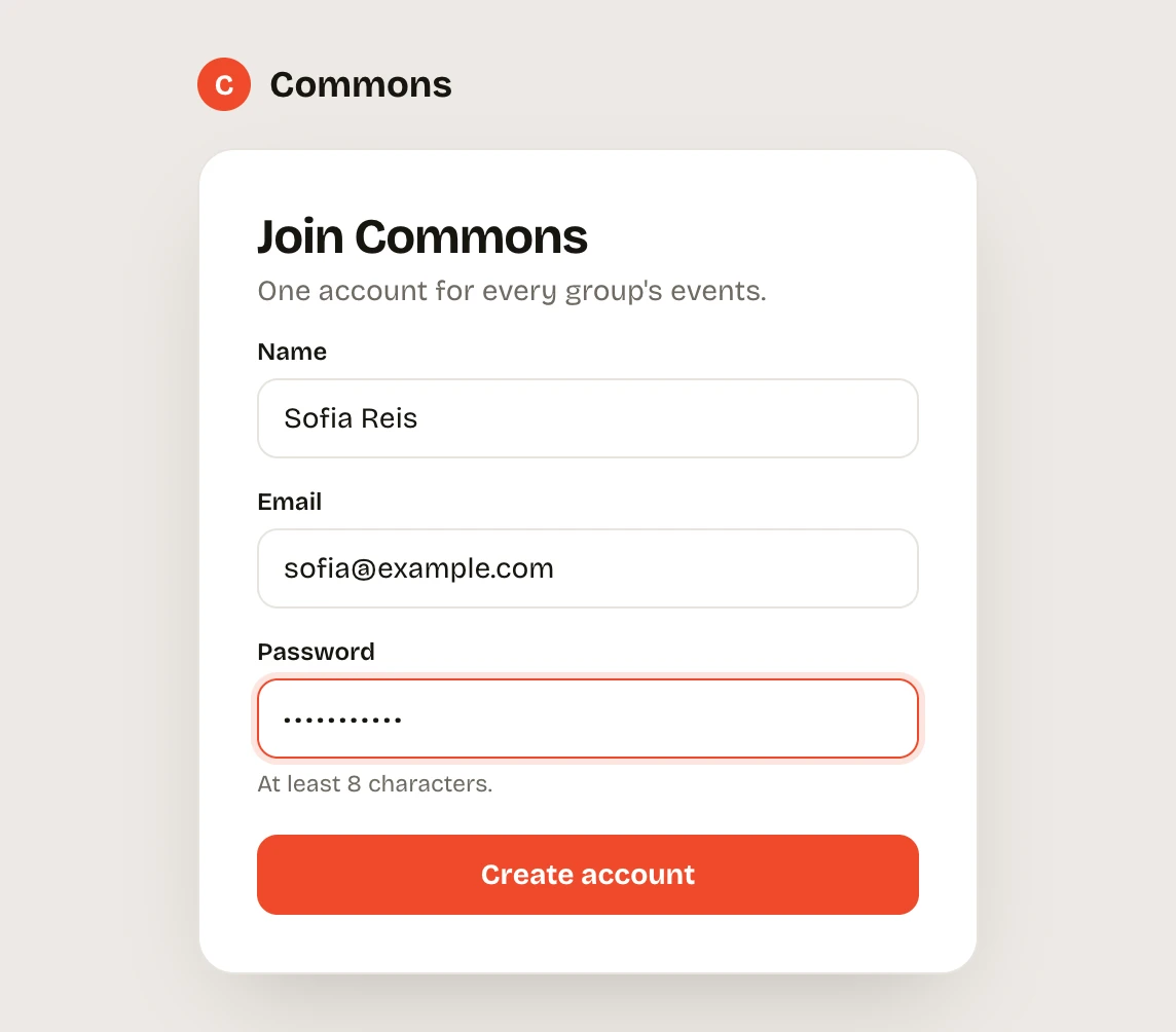 Join Commons: name, email and a password of at least 8 characters.