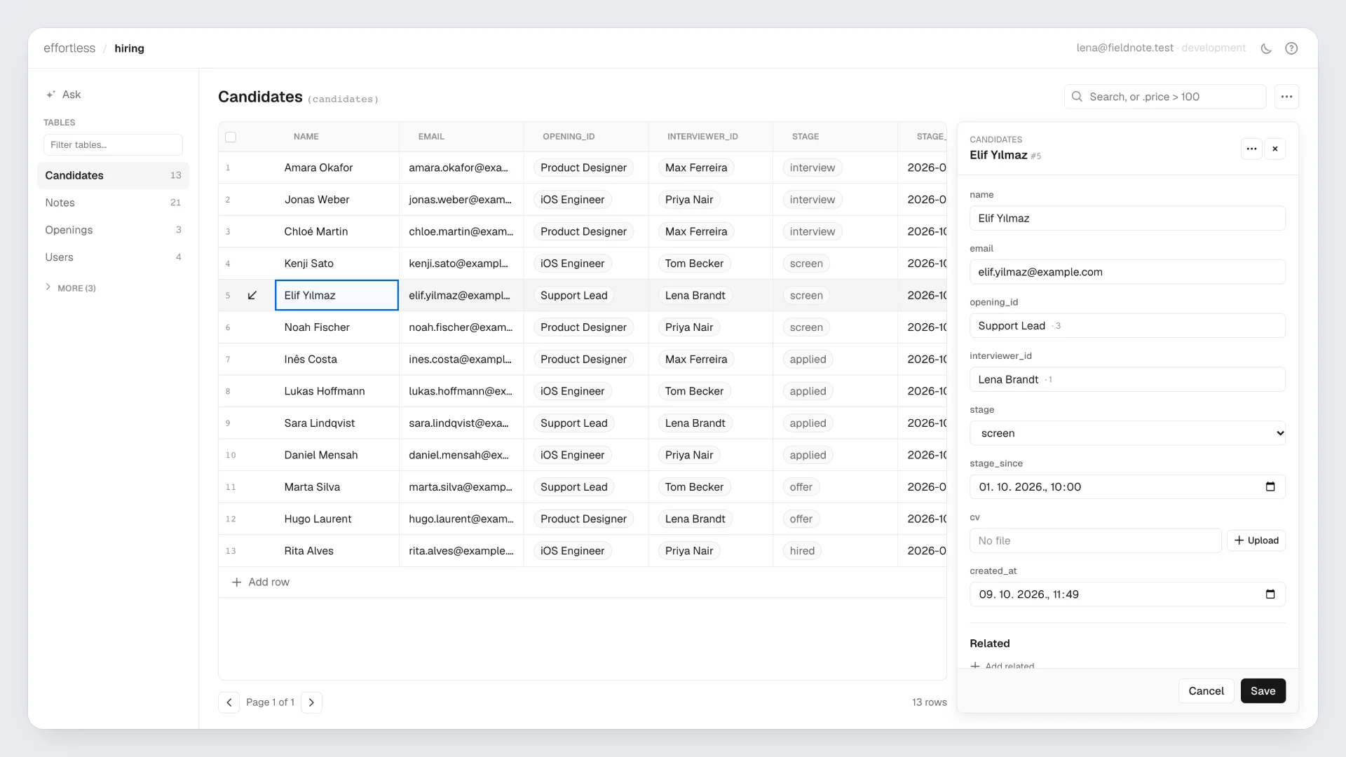 Elif Yılmaz's record open in a drawer beside the grid: interviewer, stage, stage since, an empty CV field with an Upload button, and related rows.
