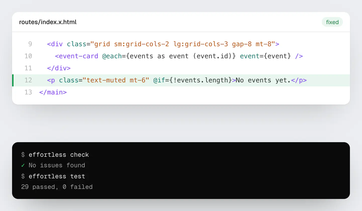 The fixed line, with @if on the paragraph, highlighted in green; check finds no issues and all 29 tests pass.